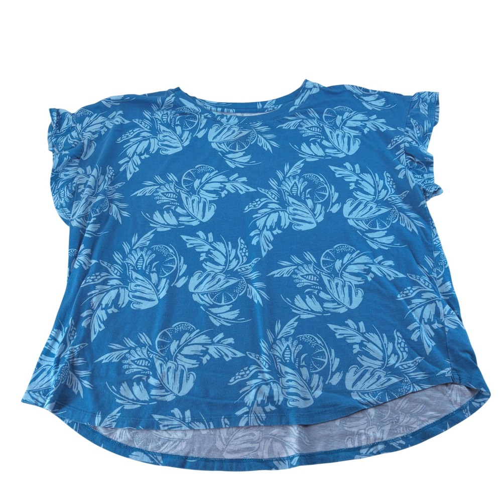 Crown & Ivy XXL Blue Tropical Floral Citrus Ruffle Short Sleeve Top Shirt